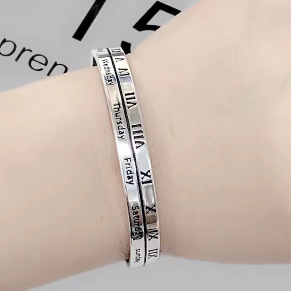 Sterling Silver Roman Numeral Bangle Cuff Bracelet - Picture 6 of 14